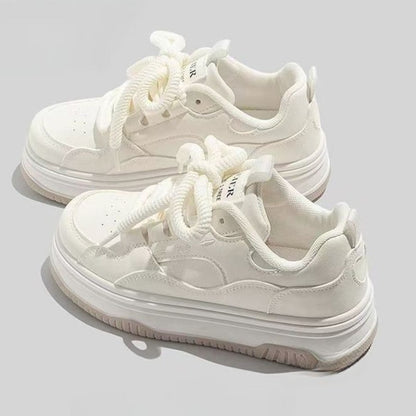 Round-toe Lace-up Casual White Thick-soled Vulcanized Shoes Seasonal New Comfortable Flat-soled Fashion Sneakers