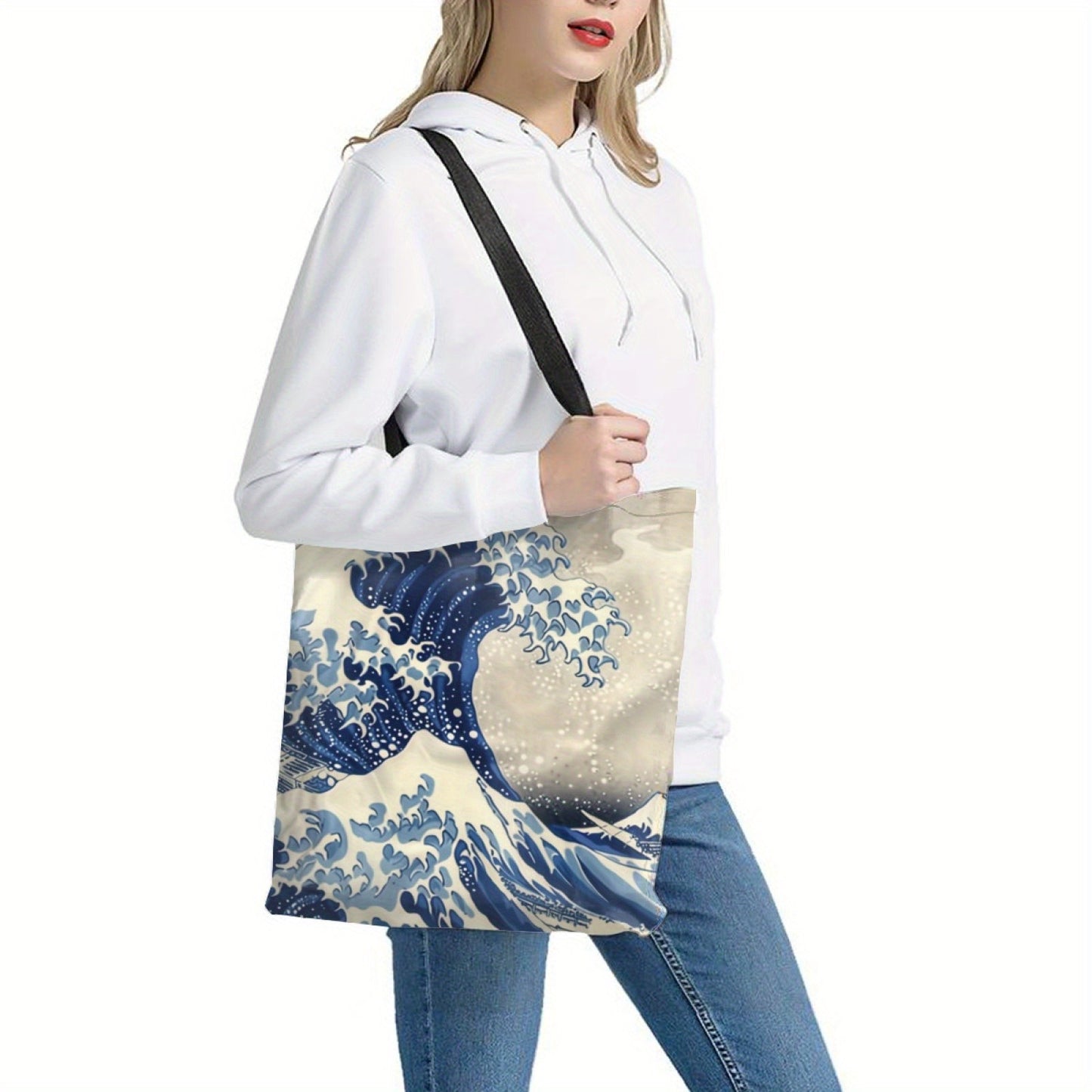 Great Wave Off Kanagawa Inspired Tote Bag Retro Ocean & Sailing Boat Design Reusable Shopping Shoulder Bag Japanese Art