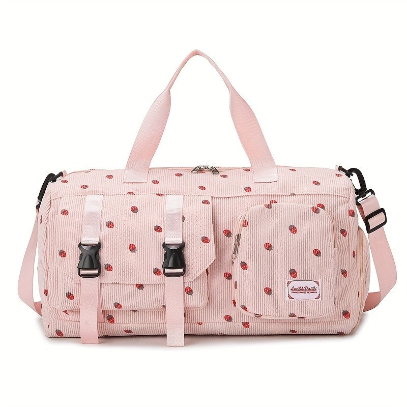 Large Capacity Travel Duffel Bag with Strawberry Pattern, Wet/Dry Separation, Independent Shoe Compartment & Multiple Pockets