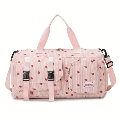 Large Capacity Travel Duffel Bag with Strawberry Pattern, Wet/Dry Separation, Independent Shoe Compartment & Multiple Pockets