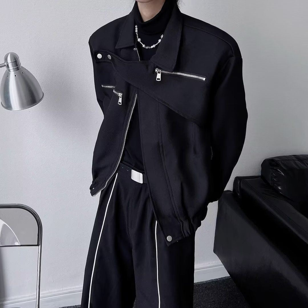 Yamamoto Dark Style Asymmetrical Design Short Lapel Zipper Deconstruction High-end Flying Jacket Jacket for Men