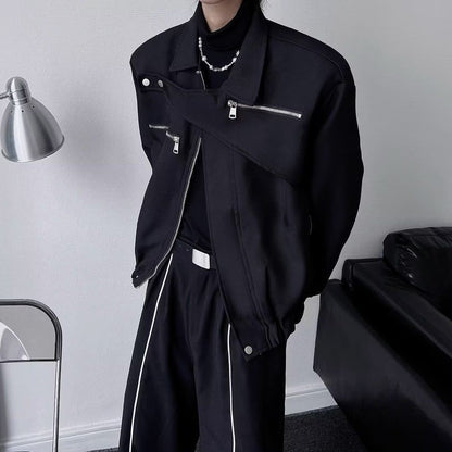 Yamamoto Dark Style Asymmetrical Design Short Lapel Zipper Deconstruction High-end Flying Jacket Jacket for Men