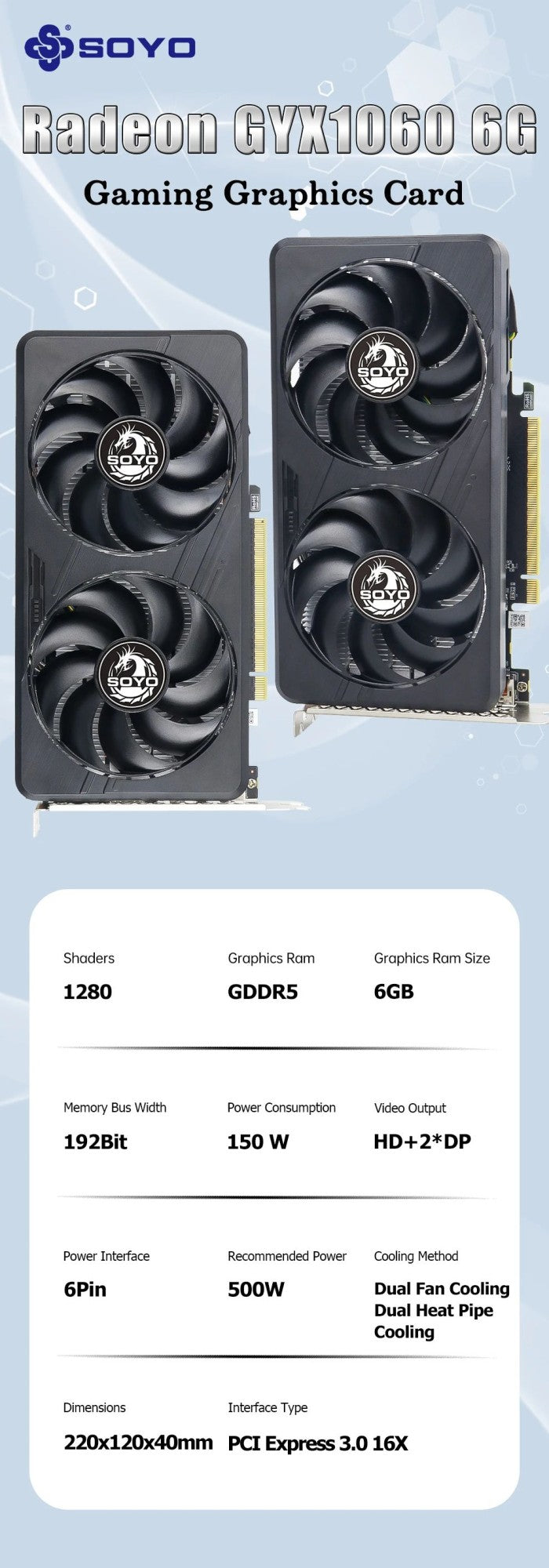 Placas Gráficas SOYO GTX1060 6G/3G DDR5 192bit Compatibilidade HDMI+DP*2 para Componentes de Computador de Mesa para Jogos Placa de Vídeo GPU