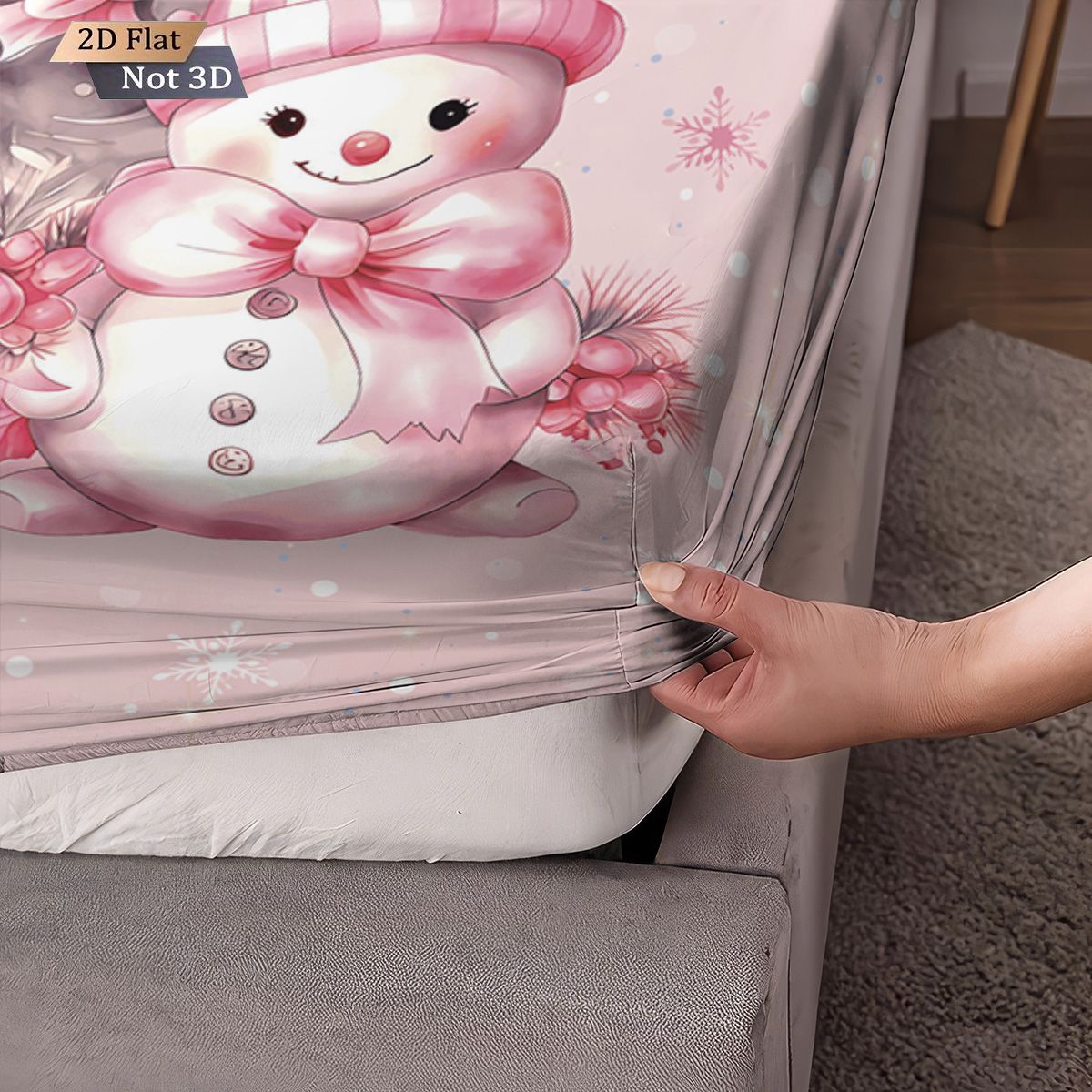 3pcs pink Christmas snowman print coreless bed sheet set multiple sizes bed covers bedroom bedding decorations machine washable