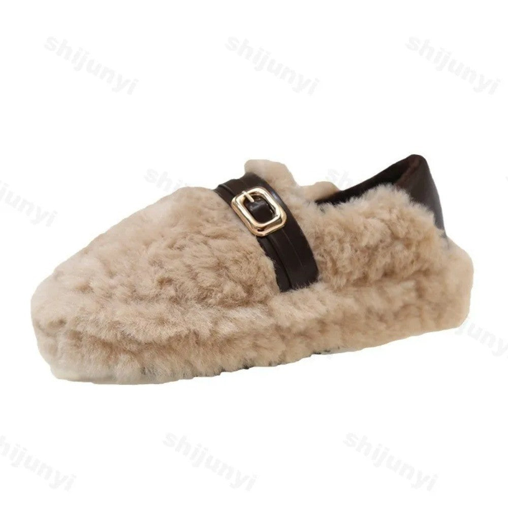 Women Warm Fur Flats Shoes 2025 Autumn Winter Vintage Fashion Shallow Mouth Buckle Ladies Comfort Loafers Shoes Zapatos Mujer