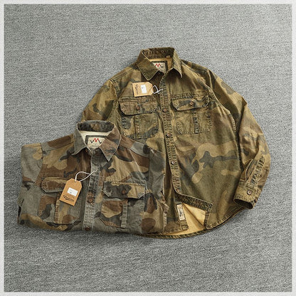 2024 Autumn and Winter New American Retro Woven Camouflage Cargo Shirt Men's 100% Cotton Washed Old Double Pockets Thin Jacket
