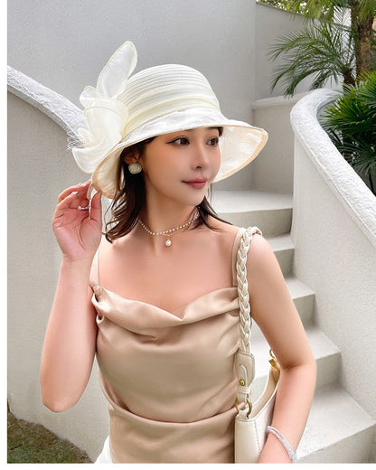 Novos Chapéus Fascinators Femininos Chapelaria Elegante Laço Aba Larga Chapéu Bucket Fedora Feminino Boné de Sol Dobrável de Verão Presente
