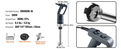 SucceBuy Commercial Immersion Blender 500 Watt Heavy Duty Hand Mixer Variable Speed Kitchen Stick Mixer with 304 Stainless Steel