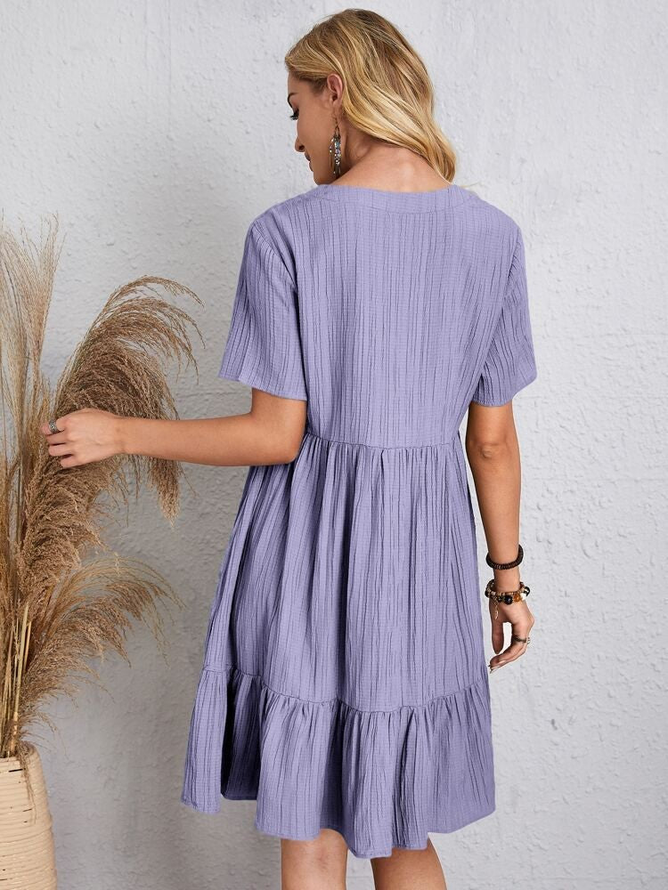 Women Elegant Short Sleeve V Neck Ruffles Dress Summer Casual Solid Loose Mini Dress Chic Bohemian Sundress Beach Party Vestidos