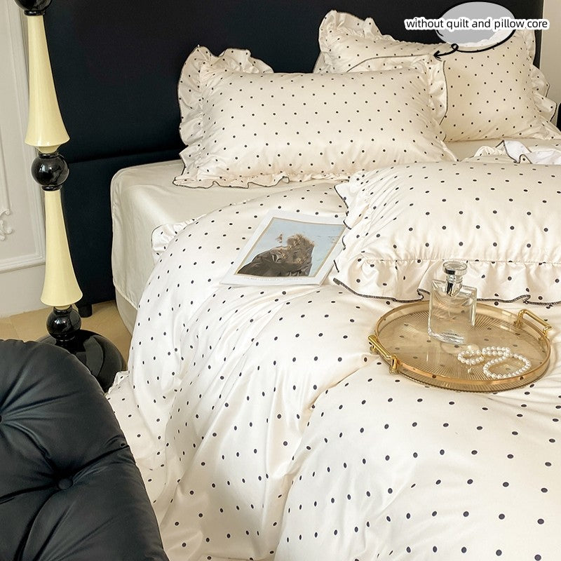 Conjunto de capa de edredom coreana de renda 3 peças (1*Capa de Edredom + 2*Fronhas, Sem enchimento), Conjunto de cama com estampa de bolinhas pretas