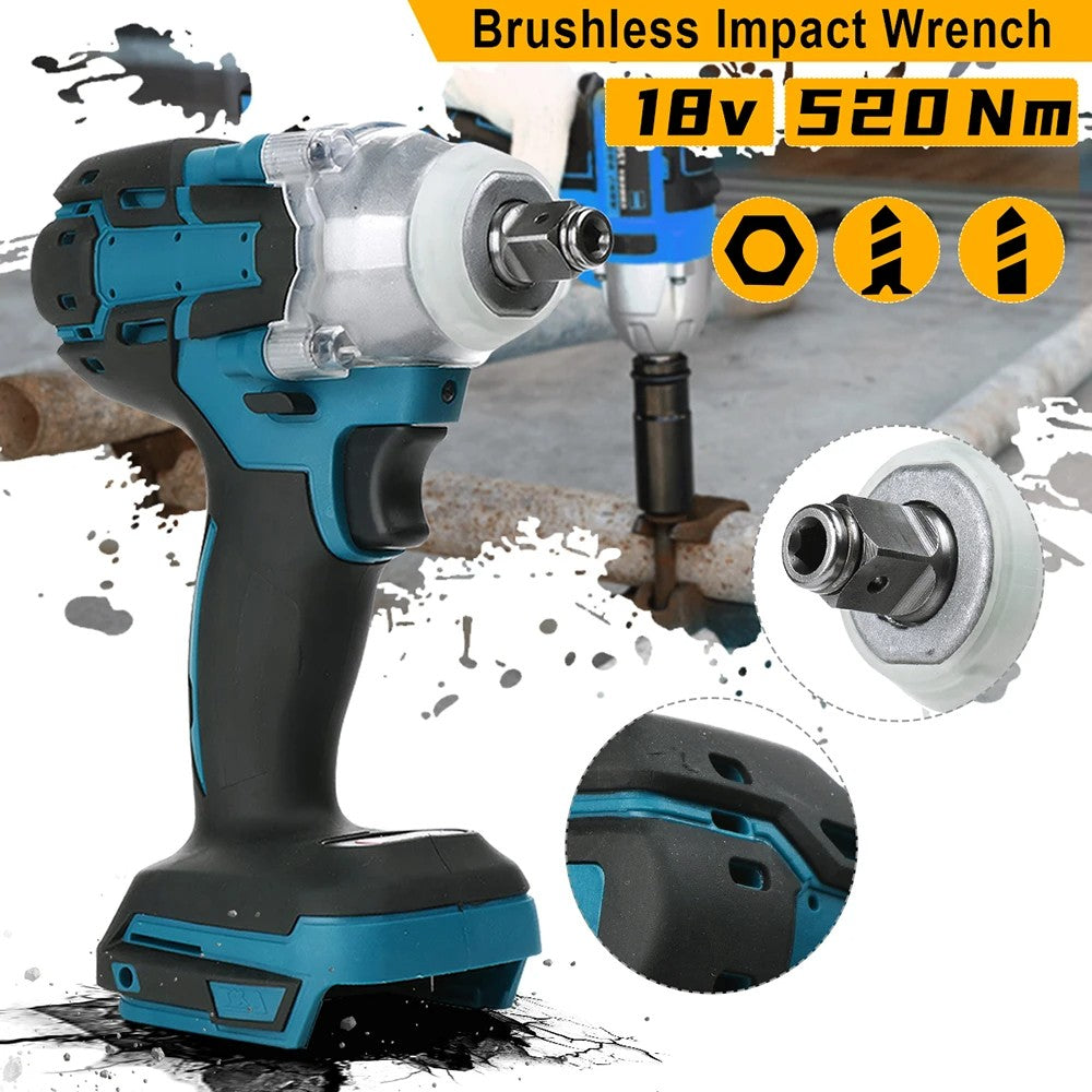 Chave de Impacto Elétrica Sem Fio Sem Escovas 520NM de 1/2 polegada, Ferramentas Elétricas Compatíveis com Bateria de 18V, Chave com Conjunto de Caixa de Ferramentas