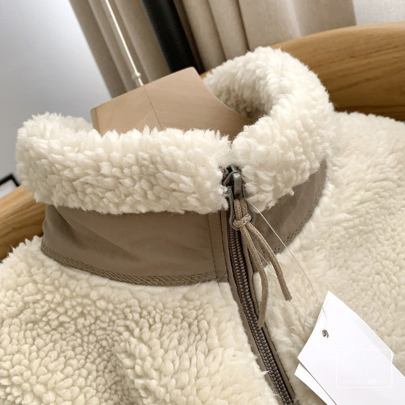 Autumn and Winter Japanese Men's and Women's Fleece Stand Neck Jacket Couple Zipper Loose Warm Lamb Wool Coat Solid Color Jacket