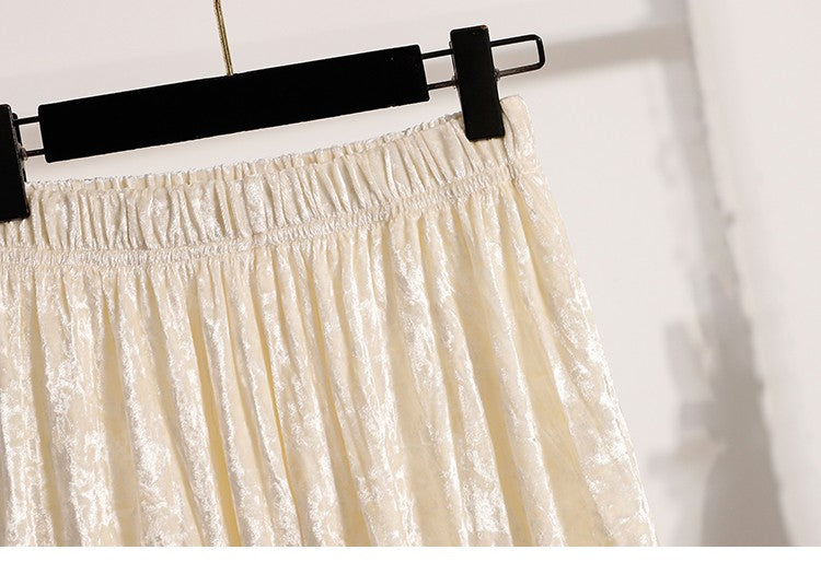 Autumn Winter Girls New A-line Velvet Skirt 2025 Plus Size Gold Velvet Half Pleated Skirt Solid Versatile High Waist Mid Skirt
