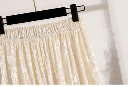 Autumn Winter Girls New A-line Velvet Skirt 2025 Plus Size Gold Velvet Half Pleated Skirt Solid Versatile High Waist Mid Skirt