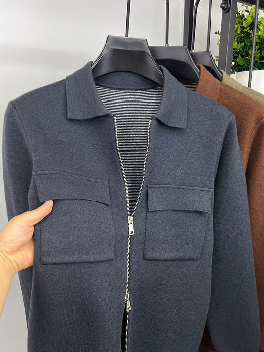 Premium Zipper Collar Wool Cardigan Men's Casual Coat Autumn/Winter Luxury Pocket Design Solid Color Casual Warm Sweater Jacket