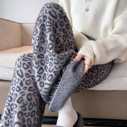 Coffee Leopard Print Knitted Wide Leg Pants Women Mink Fleece Warm Winter Double-sided Fleece Winter Pants Lazy Hanging Feeling