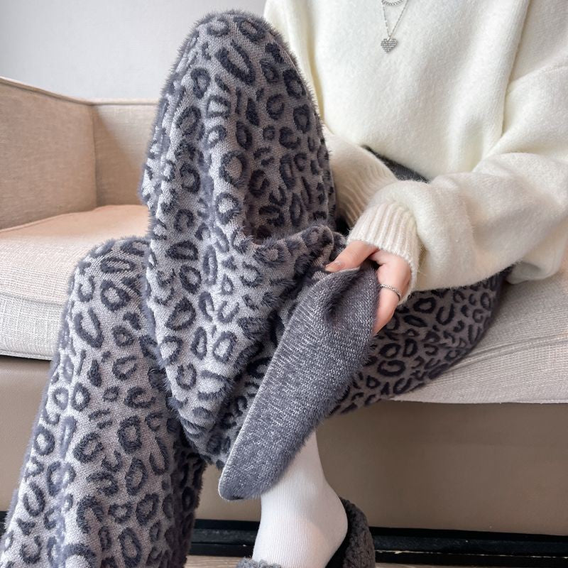 Coffee Leopard Print Knitted Wide Leg Pants Women Mink Fleece Warm Winter Double-sided Fleece Winter Pants Lazy Hanging Feeling