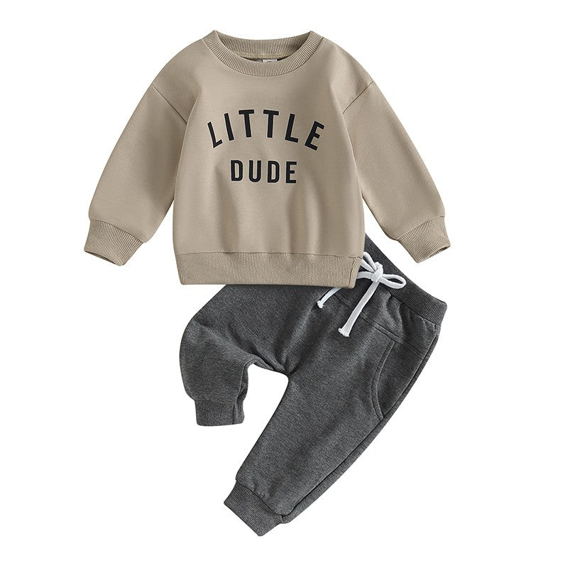 Roupas de Outono Inverno para Bebês Meninos, Conjunto de 2 Peças de Moletom de Manga Comprida com Estampa de Letra "Little Dude" e Calças