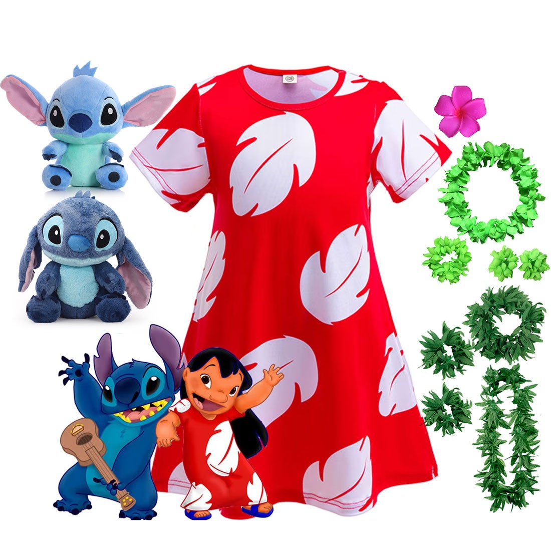 Disney Lilo Costume Girl Cosplay Red Dress Short Sleeve Pajamas Hawaiian Printed Dress Summer Beach Outfit + Stitch Doll Set