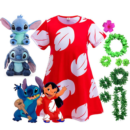 Disney Lilo Costume Girl Cosplay Red Dress Short Sleeve Pajamas Hawaiian Printed Dress Summer Beach Outfit + Stitch Doll Set