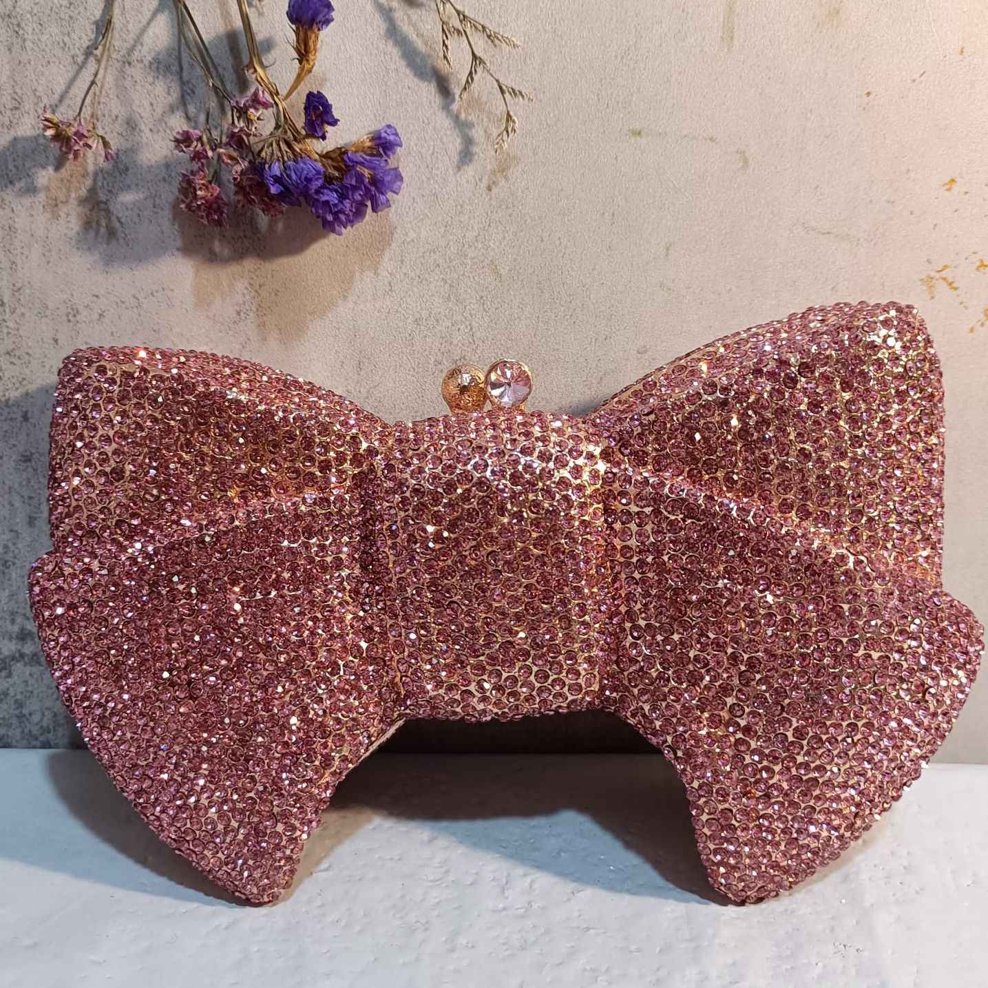Luxury Women Pink Flower Clutch Bags Stone Evening Bags Bridal Rhinestone Handbags Wedding Clutches Bags Dinner Minaudiere Purse