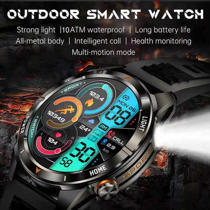 New Outdoor Sport Smart Watch Men 1.46" AMOLED Screen LED Flashlight 515mAh Battery 10ATM Waterproof Bluetooth Call Smartwatch