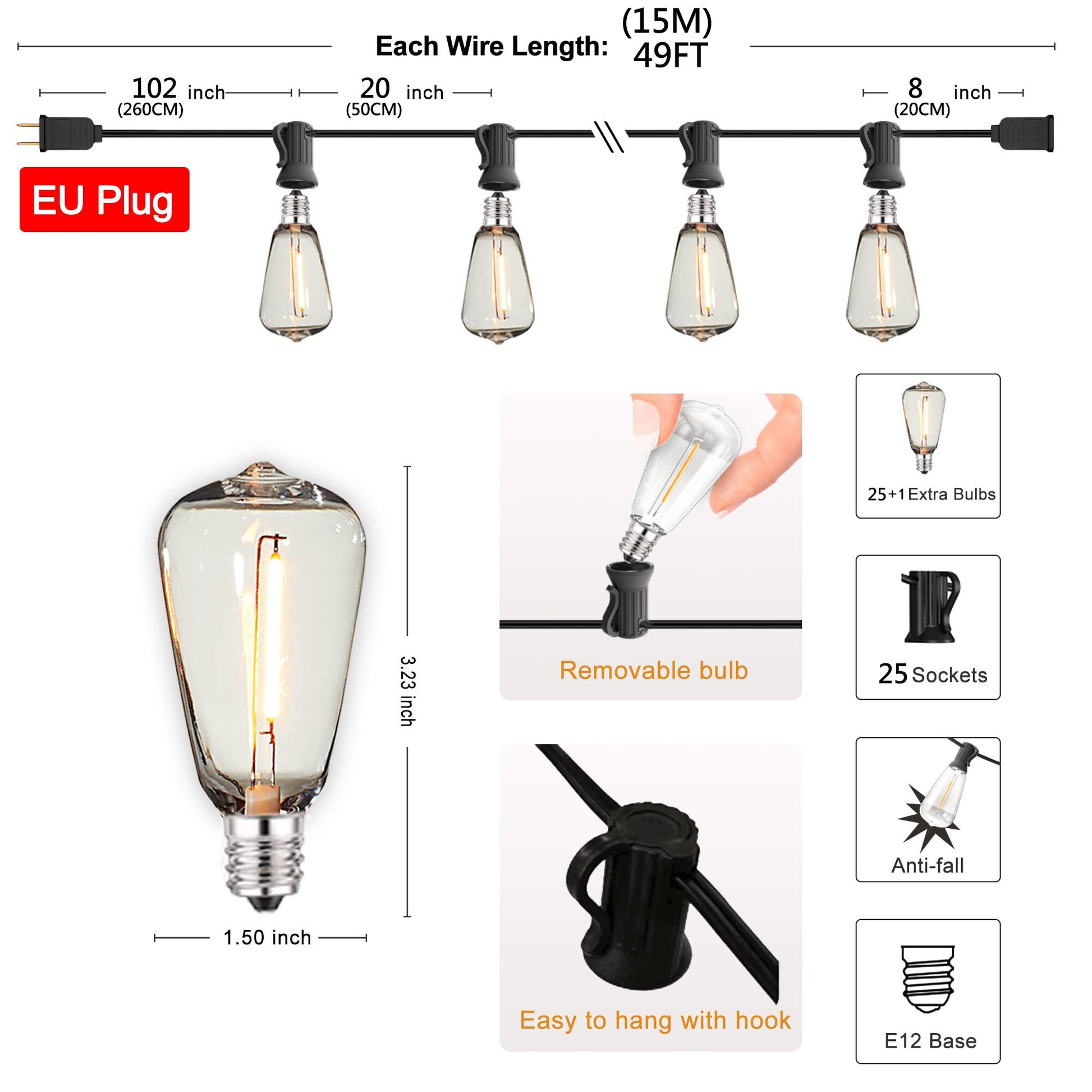 Shatterproof ST38 Plastic Outdoor String Lights Waterproof LED Garden Light Garland Connectable Retro Festoon Decoration Light