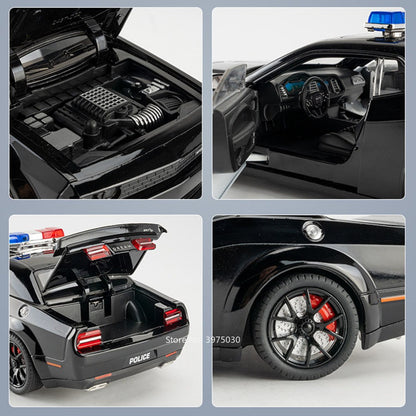 1:24 Dodge Challenger SRT Hellcat Modelo de Carro de Polícia de Brinquedo Pneu de Borracha Carro em Miniatura Puxar para Trás Luz Música Veículo Meninos Adultos Presentes
