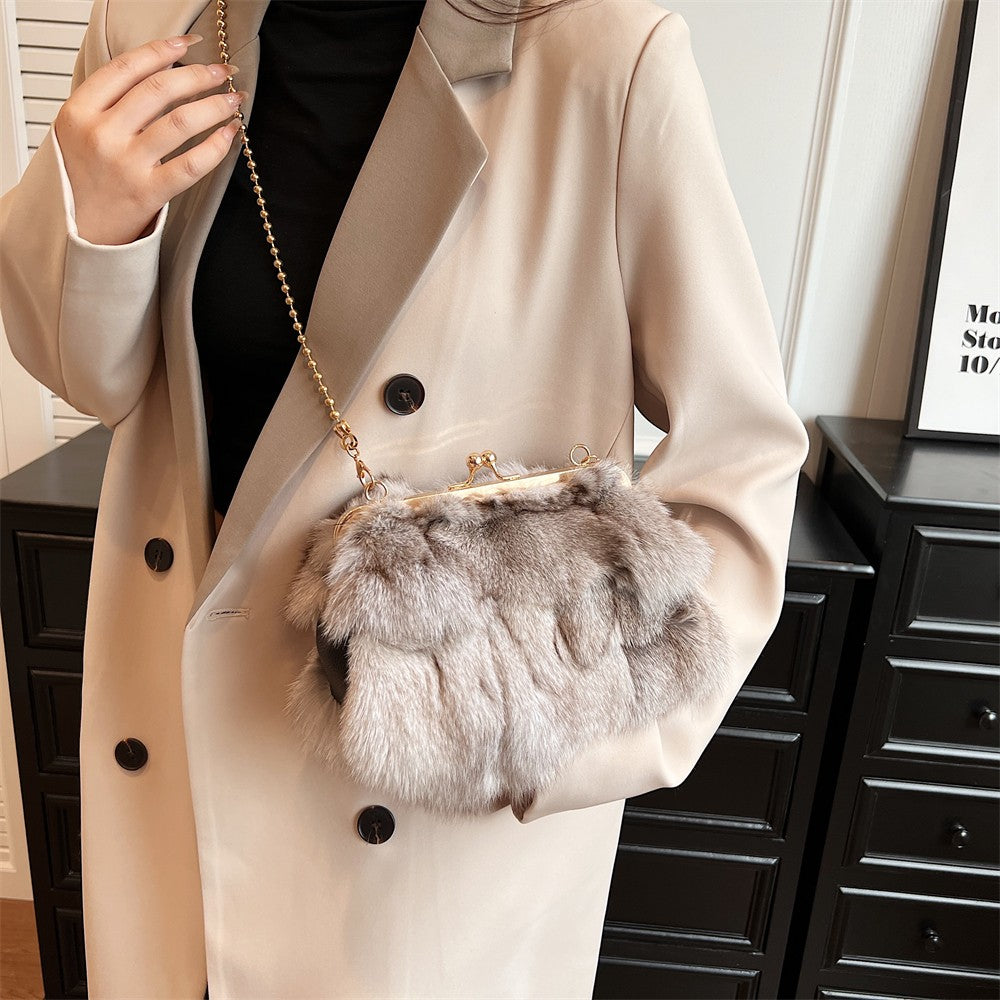MOODS Soft Plush Evening Bags For Elegant Women Fox Fur Dinner Party Clutch Chain Crossbody Winter Warm Luxury Designer Handbags