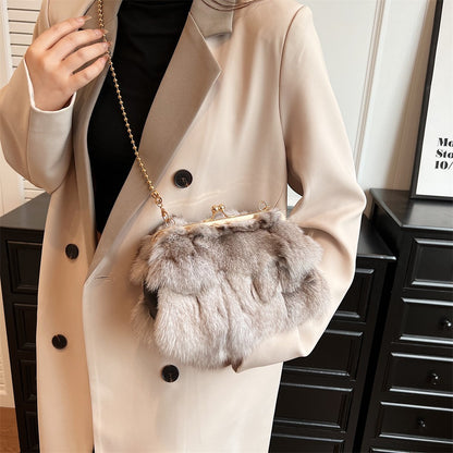 MOODS Soft Plush Evening Bags For Elegant Women Fox Fur Dinner Party Clutch Chain Crossbody Winter Warm Luxury Designer Handbags
