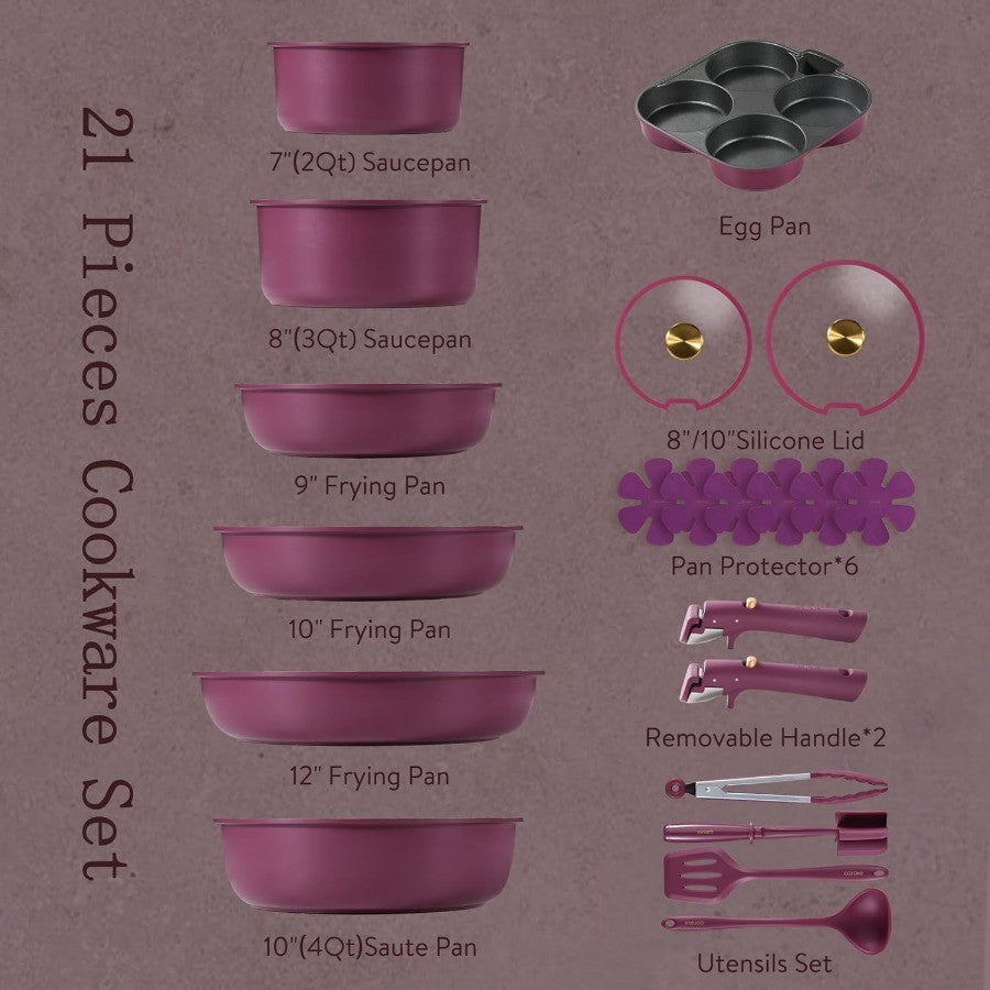 Conjunto de Panelas e Frigideiras 21 Peças, Conjunto de Utensílios de Cozinha Antiaderente com Alça Destacável, Conjunto de Utensílios de Cozinha Antiaderente com Alça Removível para Indução