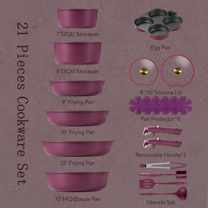 Conjunto de Panelas e Frigideiras 21 Peças, Conjunto de Utensílios de Cozinha Antiaderente com Alça Destacável, Conjunto de Utensílios de Cozinha Antiaderente com Alça Removível para Indução