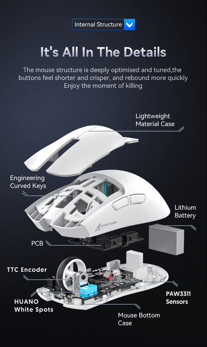 Mouse Gamer Sem Fio Attack Shark X11: 3 Modos (2.4GHz/Com Fio/Bluetooth), PAW3311, 22000DPI, 400IPS, Mouse Gamer para PC