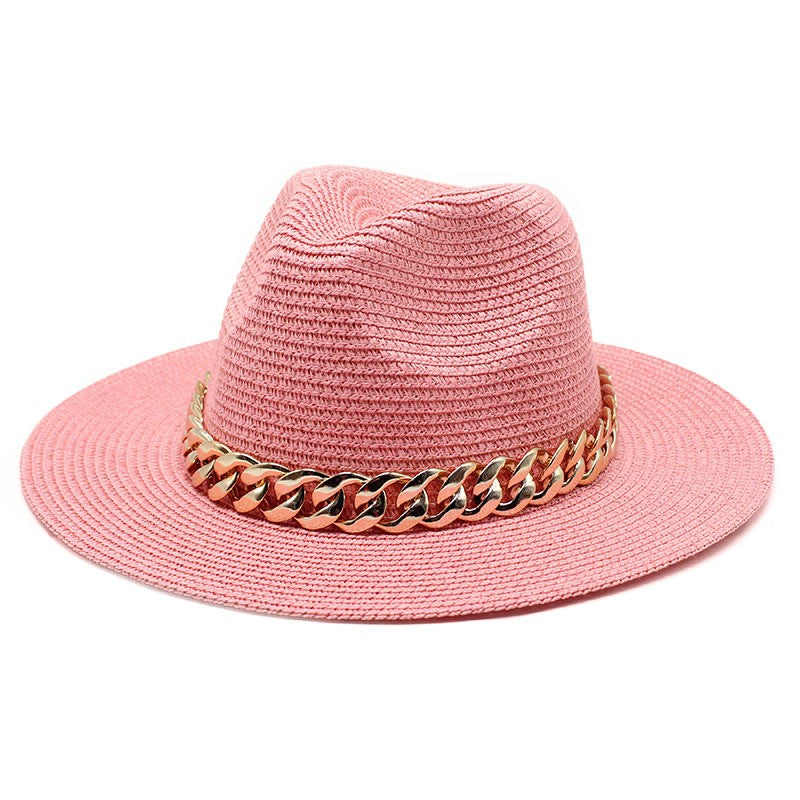 Set Straw Hat and Bag Set Gold Chain Bag Hat Set Ladies Leather Bag Tote Church Fedora Party Jazz Straw Hat