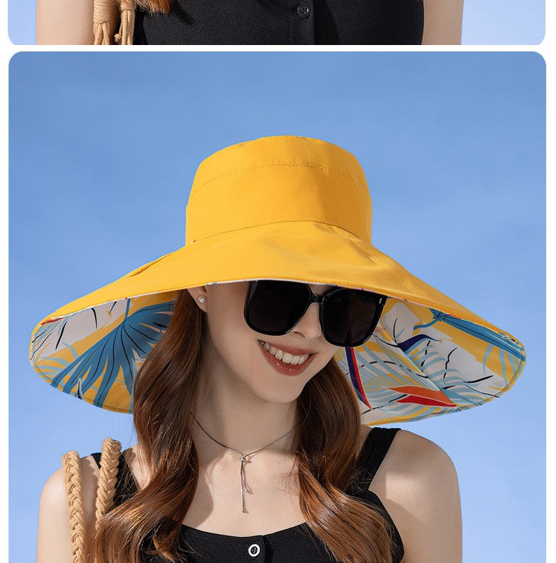 Chapéu Feminino de Verão Dupla Face com Aba Larga Proteção Solar Flor Praia Elegante Ao Ar Livre Protetor Solar Atacado Novo