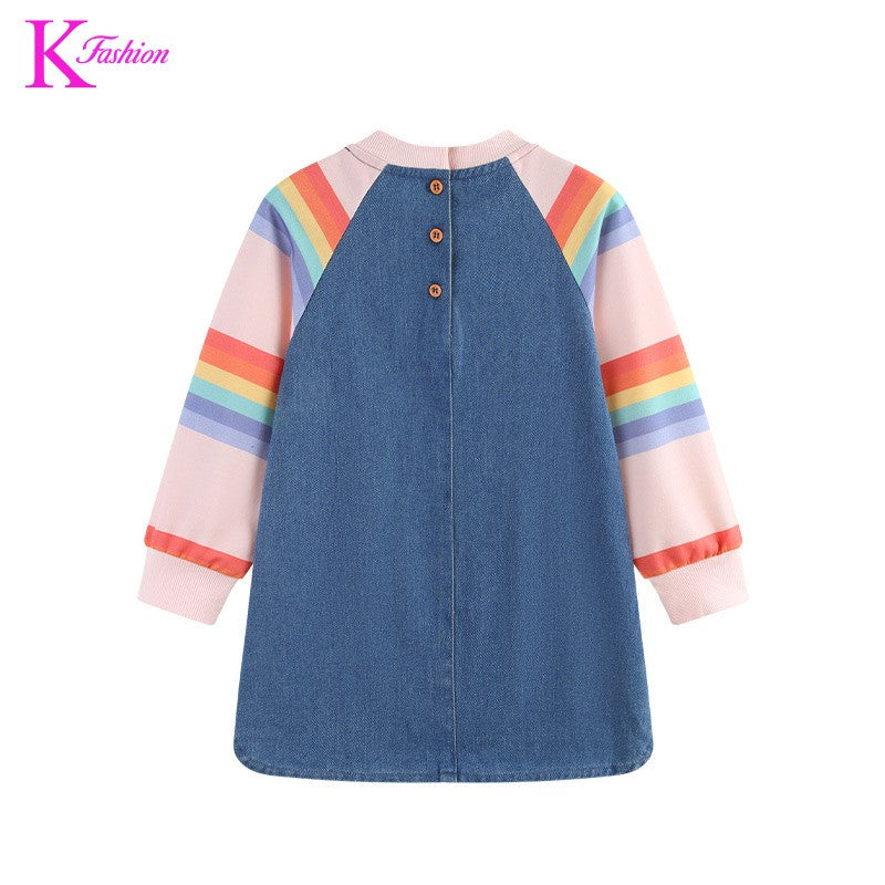 New Girls' Dress  Round Neck Children's Princess Dress Denim Fabric Toddler Kids Clothing 4-8Y