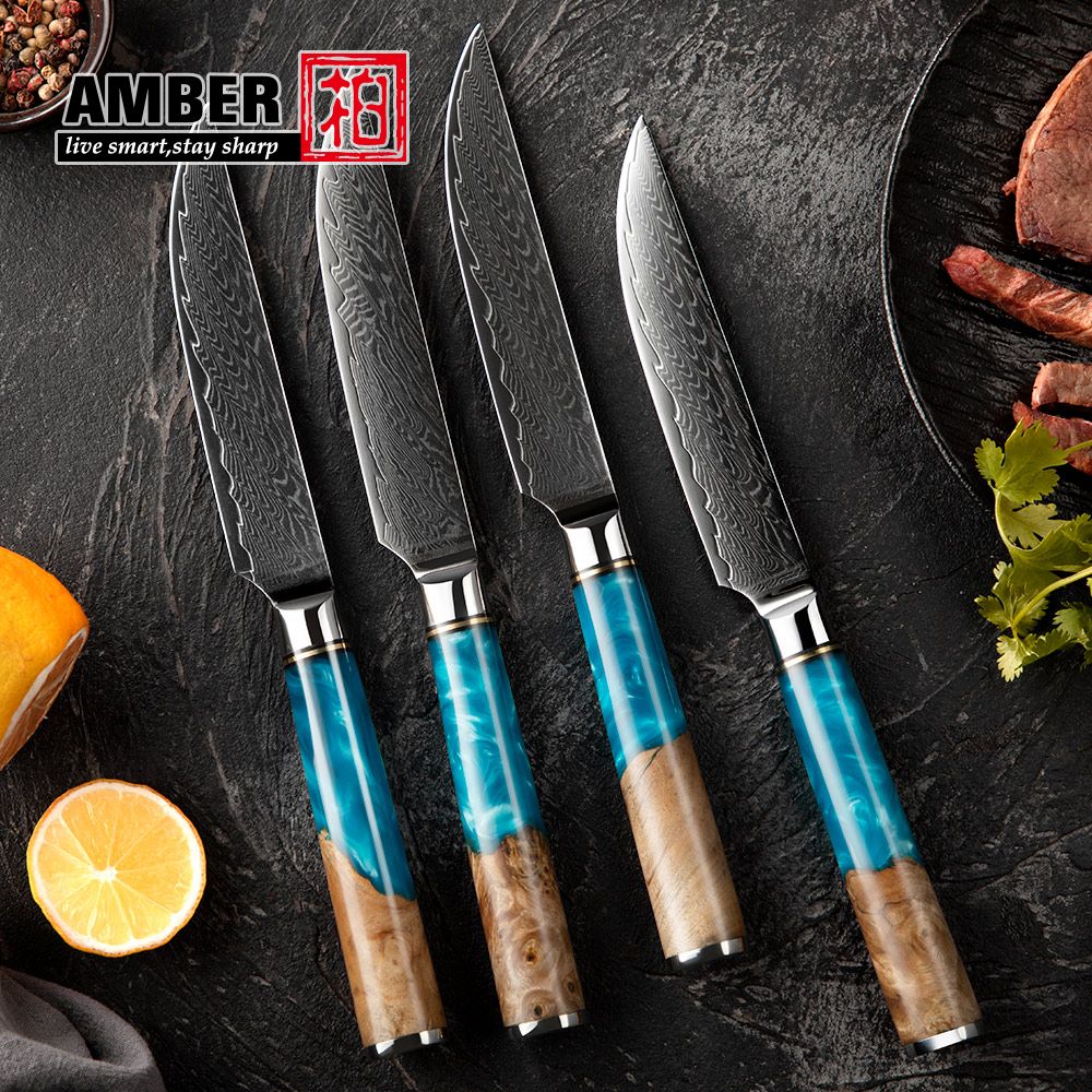 Conjunto de Facas de Cozinha Amber Hot selling 67 Camadas de Aço Damasco Lâmina Super Afiada Fio 10Cr15CoMoV com Cabo de Resina e Madeira