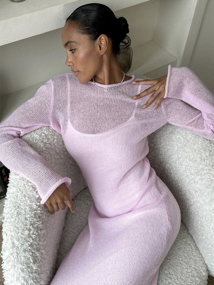 Spring Autumn O-Neck Elastic Knit Long Dresses Women 2024 Elegant Chic Soft Lady