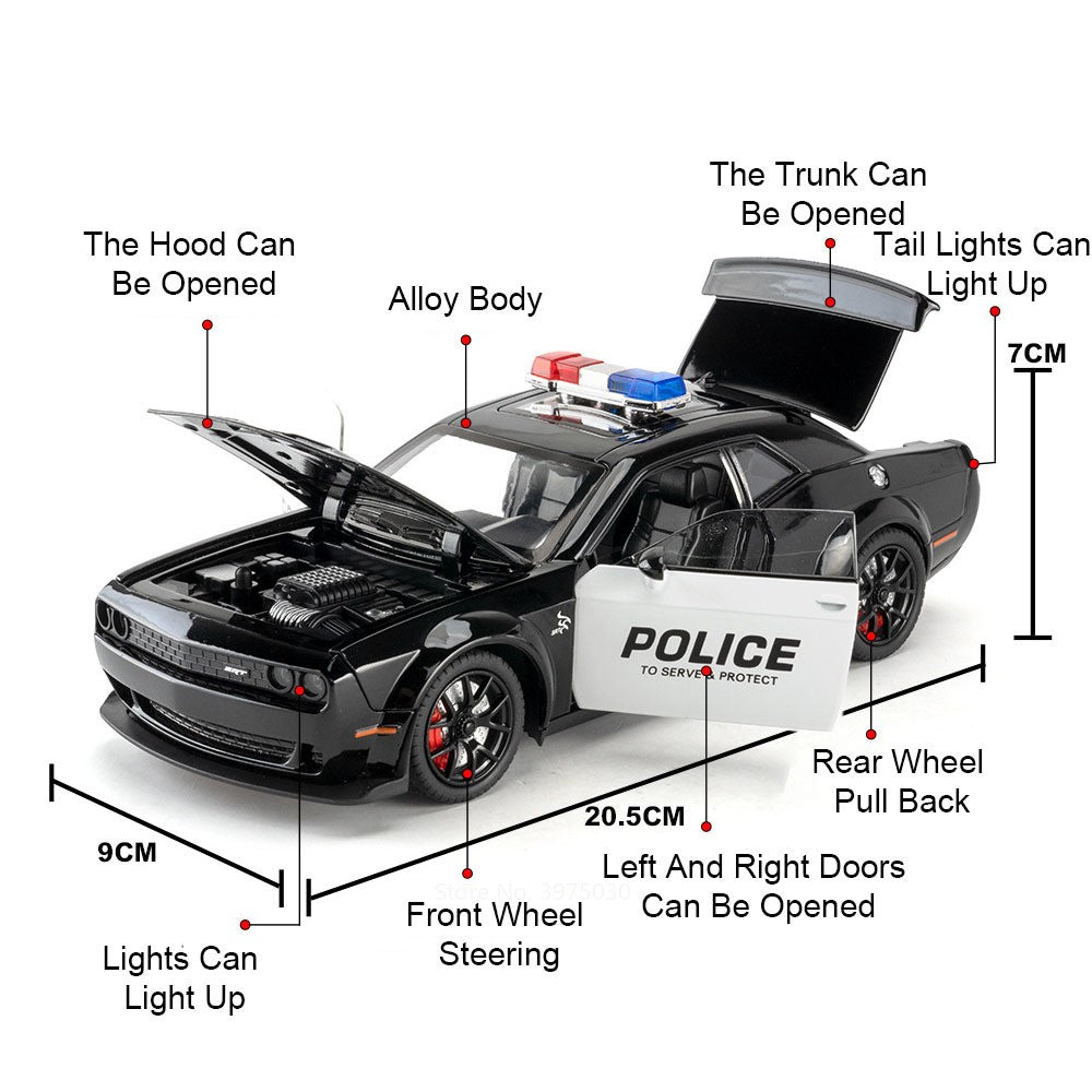 1:24 Dodge Challenger SRT Hellcat Modelo de Carro de Polícia de Brinquedo Pneu de Borracha Carro em Miniatura Puxar para Trás Luz Música Veículo Meninos Adultos Presentes