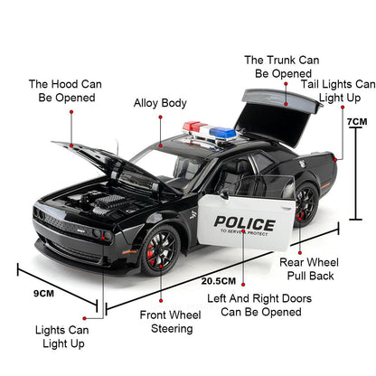 1:24 Dodge Challenger SRT Hellcat Modelo de Carro de Polícia de Brinquedo Pneu de Borracha Carro em Miniatura Puxar para Trás Luz Música Veículo Meninos Adultos Presentes