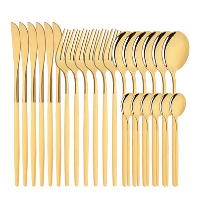 Conjunto de Talheres Roxo de 24 Peças com Cabo Roxo em Aço Inoxidável Dourado, Faca, Garfo, Colher de Café, Conjunto de Talheres Prateados