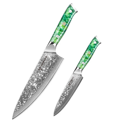 SANMUZUO Conjunto de Facas de Cozinha 2 Peças - Série Xuan Faca de Chef e Faca Utilitária de Aço Damasco Ultra Afiadas - Cabo de Resina para Culinária Diária