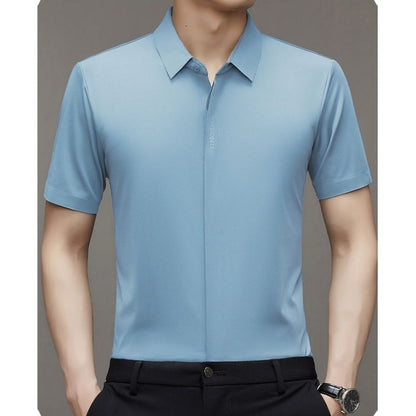 High end  Mulberry Silk Men Short Sleeve Business Shirt Wrinkle Resistant Button Invisible Top Elastic Luxurious Men Shirts