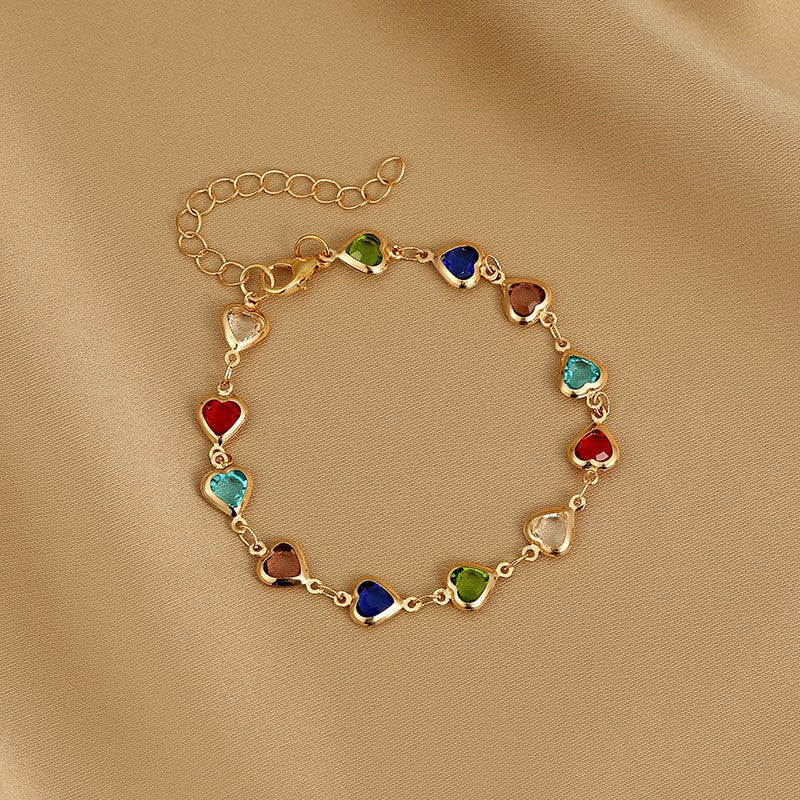 Pulseiras elegantes de corrente de metal com zircônia e cristal vermelho para mulheres, pulseiras coloridas de coração, joias de pulso, presente para festas de casamento e meninas