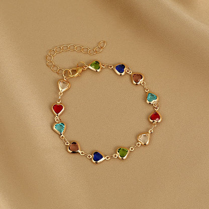 Pulseiras elegantes de corrente de metal com zircônia e cristal vermelho para mulheres, pulseiras coloridas de coração, joias de pulso, presente para festas de casamento e meninas