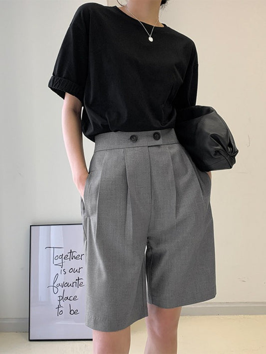High Waist Wide Leg Suit Shorts for Women Spring Summer Button Straight Short Pants Office Lady Fashion Casual Womens Shorts