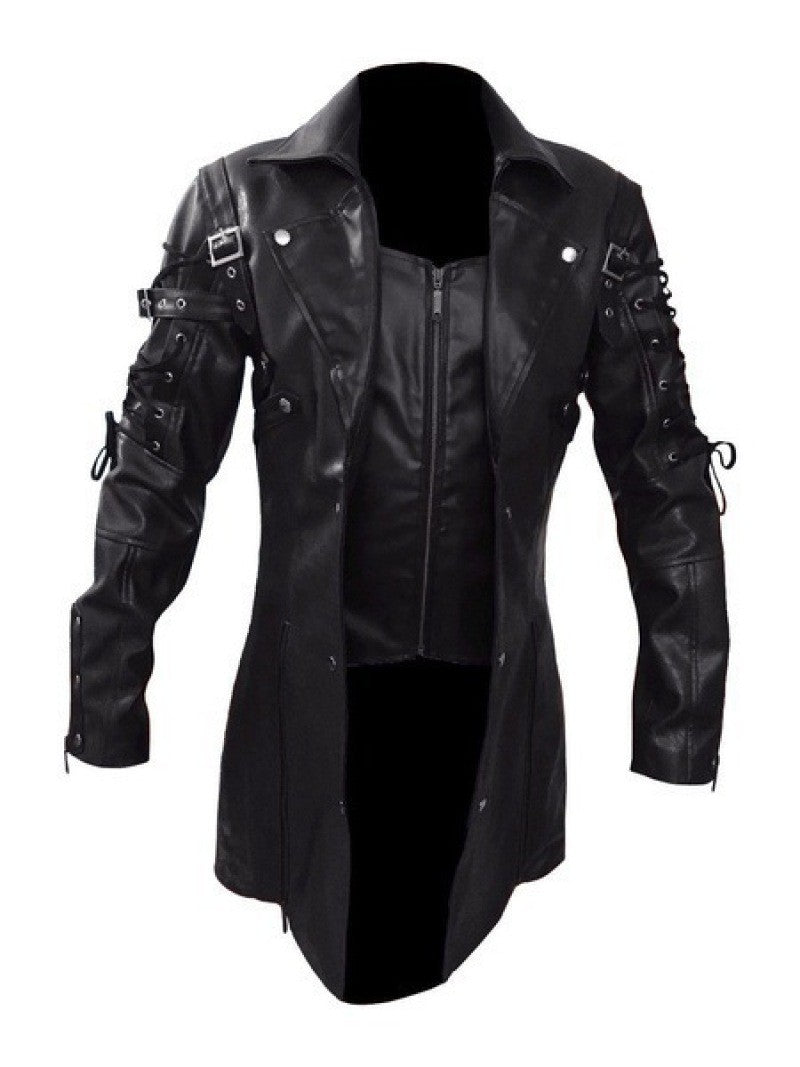 Fashion Black Pu Leather Trench Coat Men Winter Gothic Steampunk Leather Motorcycle Jacket Male Outwear EU Size XXXXXL