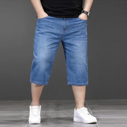 New Big Size Long Length Men's Shorts Loose Stretch Jean Bermuda Male Thin 3/4 Capris Summer Light Large Plus Fat Denim Breeches