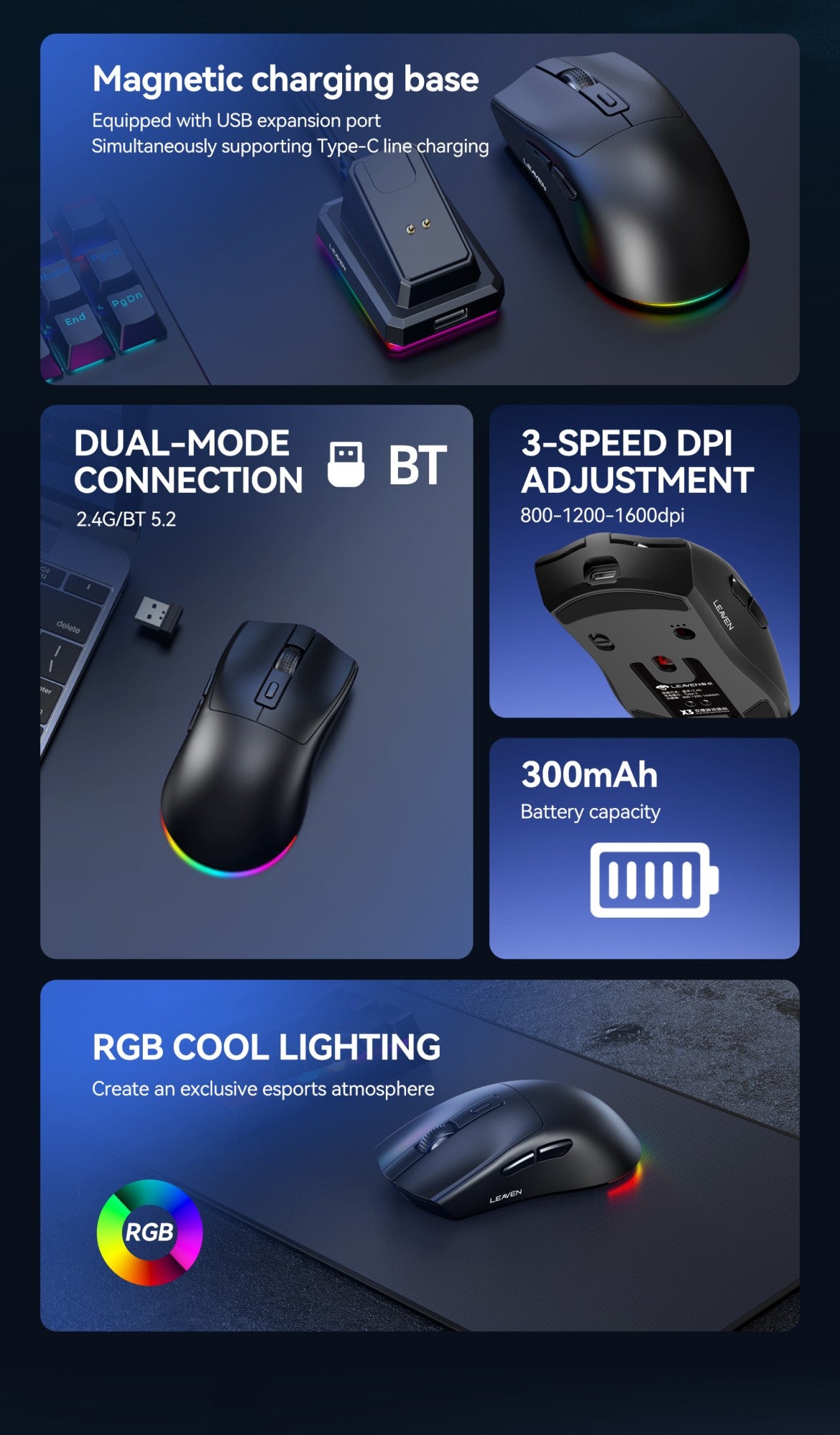 LEAVEN X3 2.4G Bluetooth Modo Duplo Receptor Mouse Óptico Sem Fio Mouse Gamer 1600DPI Mouse Compatível com Bluetooth para MacBook L