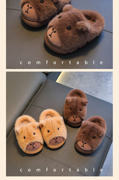 Capybara Children Slippers 2025 Winter New Cute Fluffy Cotton floor shoes woman Warm Indoor Cartoon Plush Floor Home Slippers